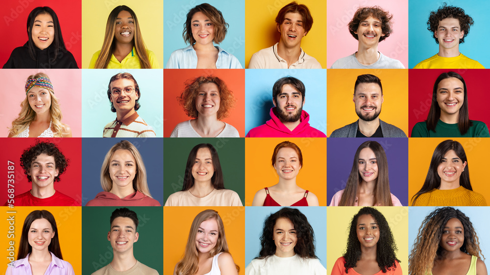 Human emotions. Collage of ethnically diverse people, men and women expressing different emotions over multicolored background. Team, job fair, ad concept - obrazy, fototapety, plakaty 