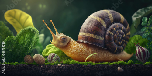 A snail beside a vegetable garden, symbolizing sustainable pest management and the protection of beneficial insects, generative ai