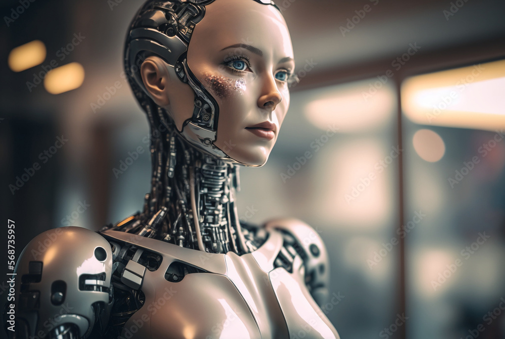 a woman halfrobot or a humanoid android with artificial intelligence parts or a technological