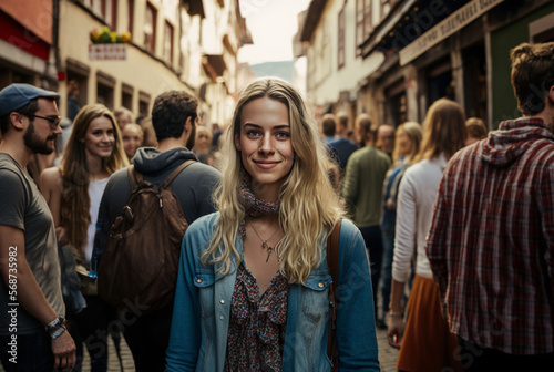 young adult blond woman on vacation, side street with many people or tourists, fictional place like a European country. Generative AI