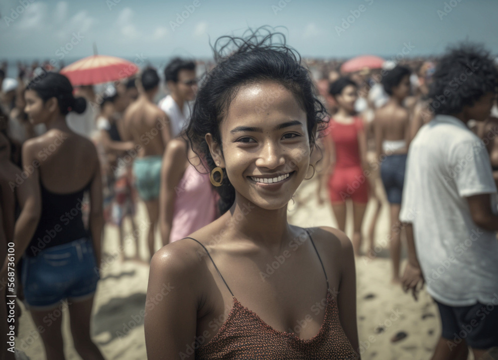 young joyful woman on crowded beach, fictional place and person. Generative AI
