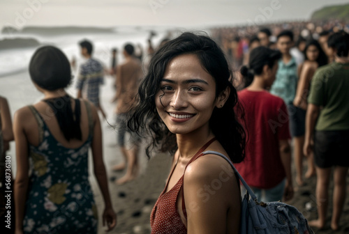 young happy woman on crowded beach, fictional place like Bali and fictional person. Generative AI
