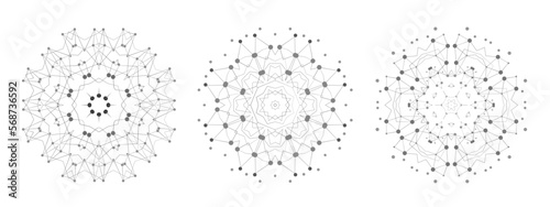 Set of Symmetric Lattice Shape, Molecular Structure with Thin Lines and Dots. Mandala. Fractal.