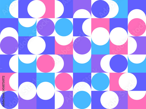 Geometric abstract seamless pattern with colorful simple elements of geometry, wallpaper background in retro 70s style, Bauhaus constructive style tiles.