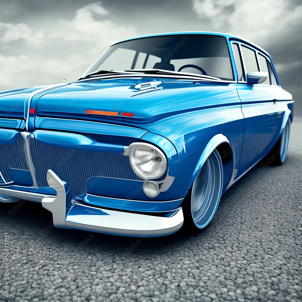 Front lights of a blue retro car. Old Soviet Union classic car - generative ai
