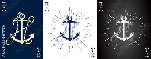 Set of three Vintage Label with an Anchor and Letter made of Ship Rope. Apparel t-shirt or Poster Design. Logotype Monogram with Playing Cards Style. Vector illustration.