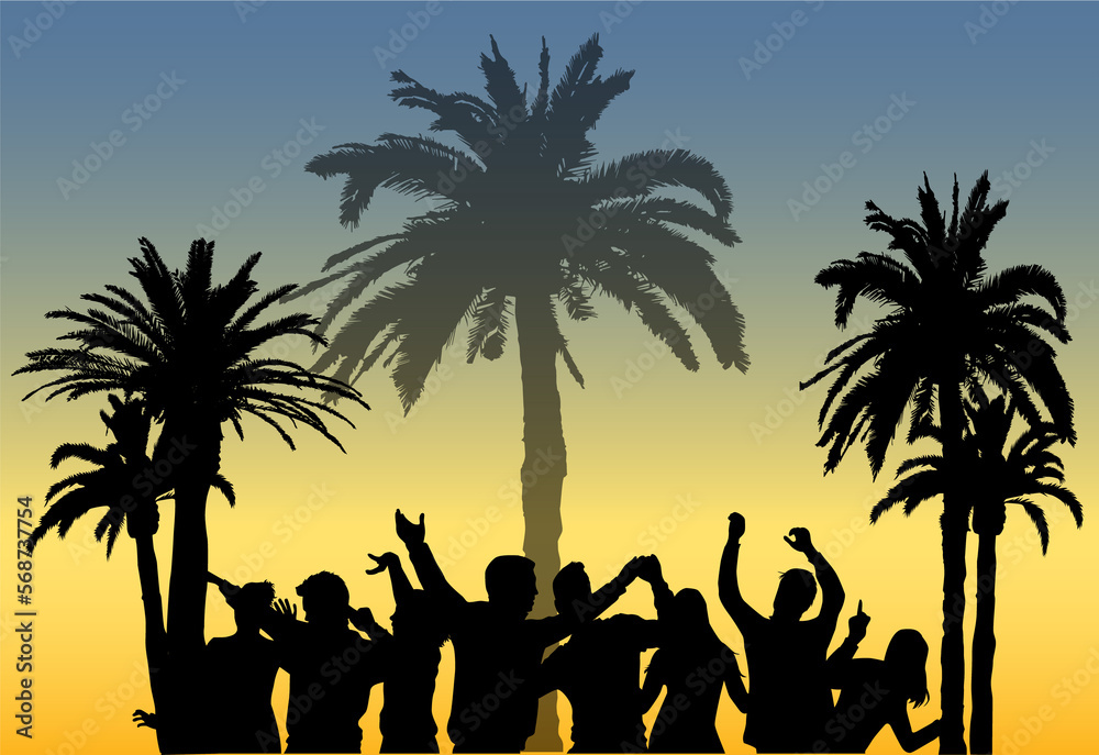 Dancing silhouettes of people under the palm trees.	