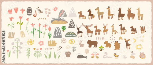 mid-century modern animals set with flower, mountains, sun, stars, simple vector background