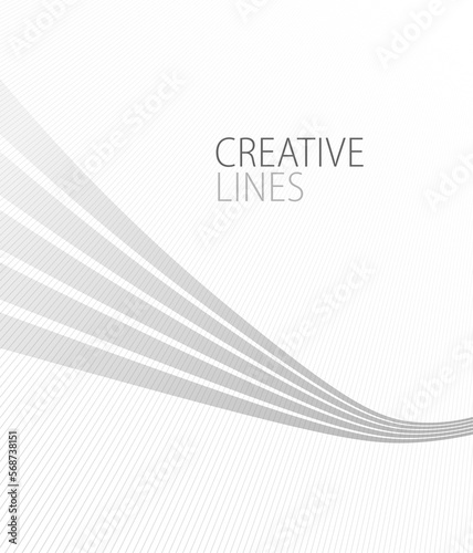 Lines in perspective vector abstract background in light grey and white monochrome, 3D dimensional stripes with smooth gradient and wavy motion.