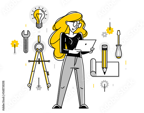Mechanic engineer working on a draft plan vector illustration, inventor or repair job, engineering machine industry, system technician.