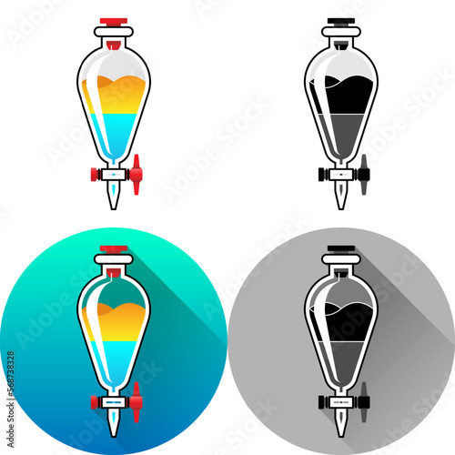Separatory Funnel Two-Phase Liquid Laboratory Equipment Icon, Set of Flat Diagonal Shadow, Color, Black-White Silhouette, Line Art Logo Icon Symbol Isolated on White Background for Science Medical photo