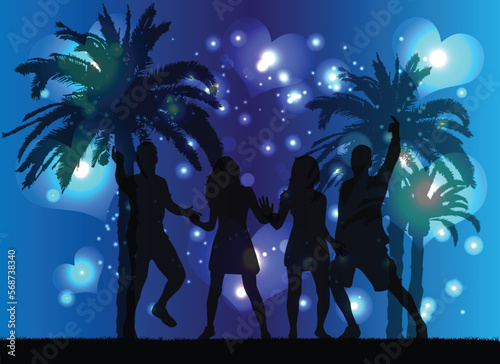 Dancing silhouettes of people under the palm trees.	