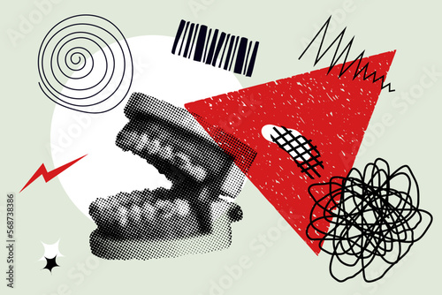 Collage with hand draw doodle elements and opened mouth. Vintage vector set