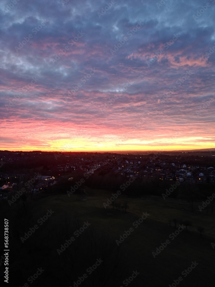 Aerial view of an incredible sunset sky. Taken in Manchester England. 
