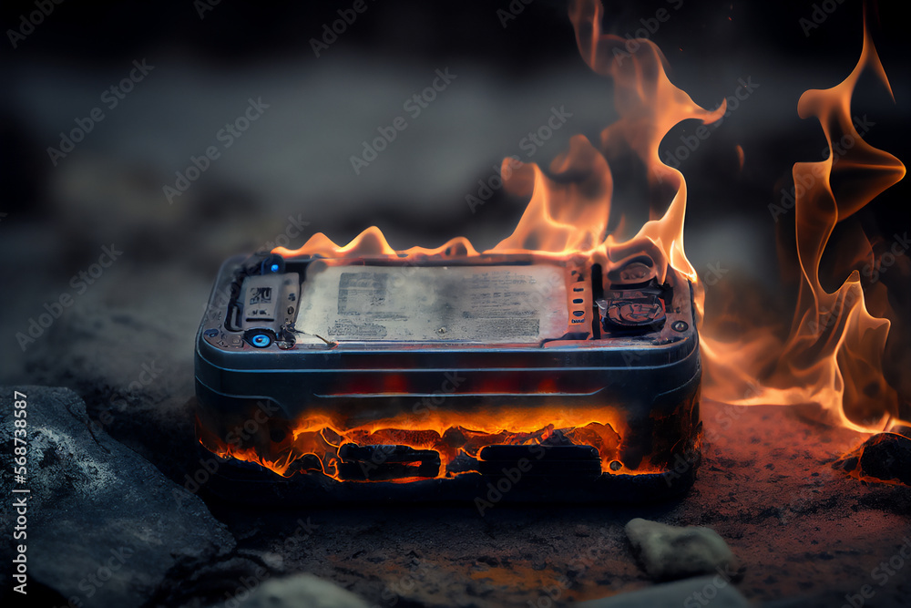 Lithium battery which has caught fire and exploded due to overheating of a poorly manufactured product which could be a safety hazard to a user, computer Generative AI stock illustration - obrazy, fototapety, plakaty 