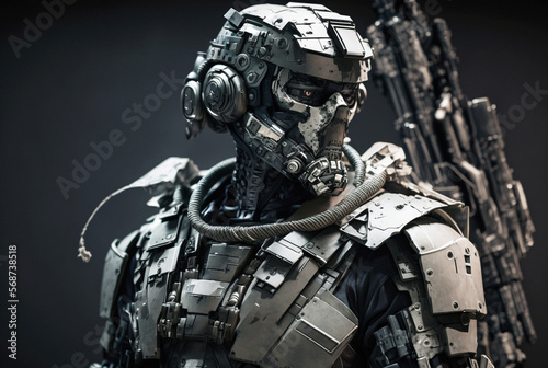 front view of a human in a combat suit or a humanoid android robot with artificial intelligence, war combat robot. Generative AI © wetzkaz