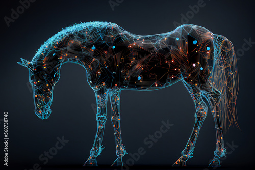 Neural network of a horse with big data and artificial intelligence circuit board in the body of the equine animal, outlining concepts of a digital brain, computer Generative AI stock illustration
