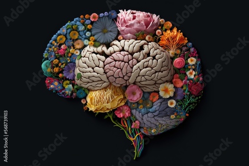 Brain fill up with colorful flowers. Positive healthy mind concept. Generative AI