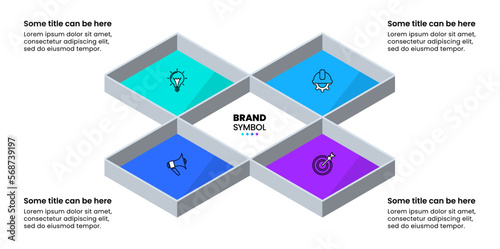 Infographic template. Isometric squares with 4 steps and icons