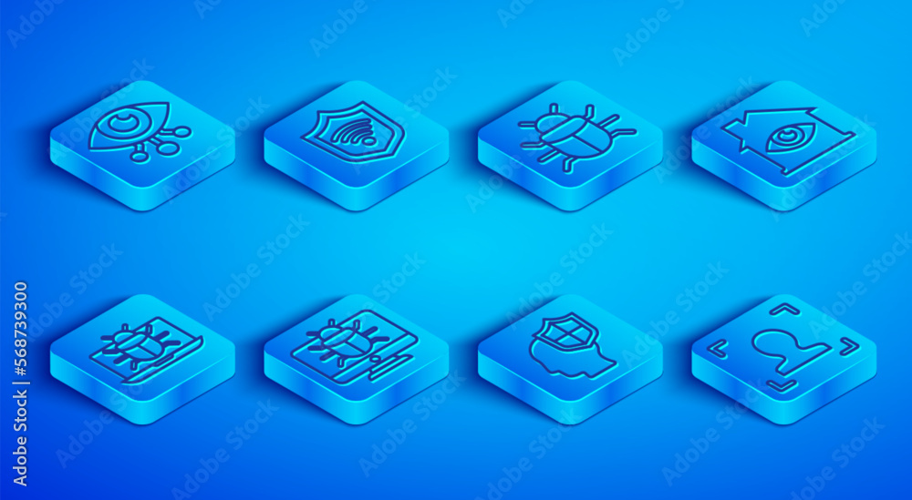 Set line Eye scan, Shield with WiFi wireless, System bug, on monitor, Head shield, House eye, and Face recognition icon. Vector Set line Eye scan, Shield with WiFi wireless, System bug, on monitor, Head shield, House eye, and Face recognition icon. Vector