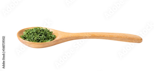 Dried parsley in wood spoon isolated on transparent png