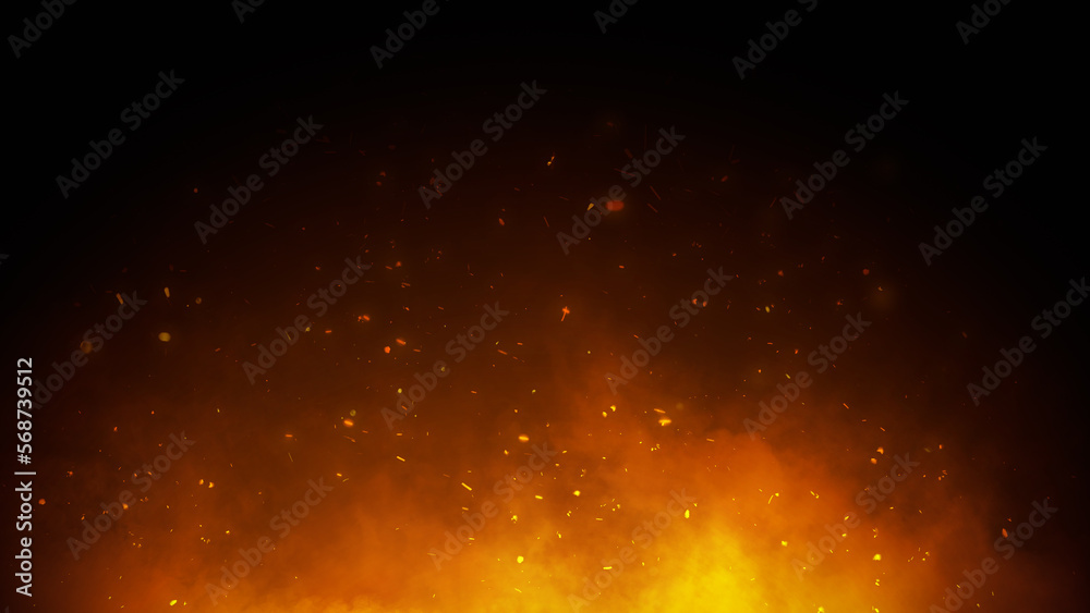 3D illustration. fire and Burning embers glowing. Fire Glowing Particles on Black Background