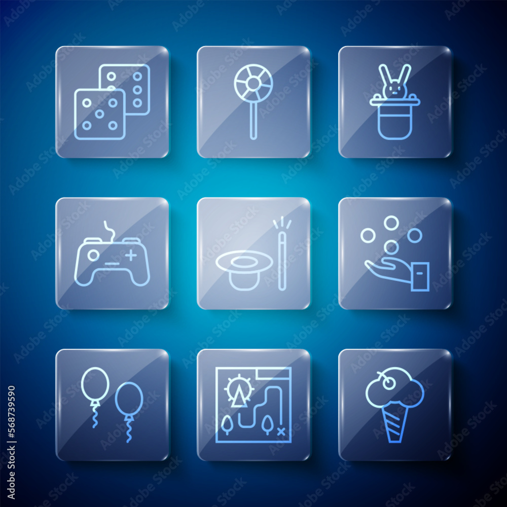 Set line Balloons, Amusement park map, Ice cream in waffle cone, Magician hat and rabbit, wand, Gamepad, dice and Juggling ball icon. Vector
