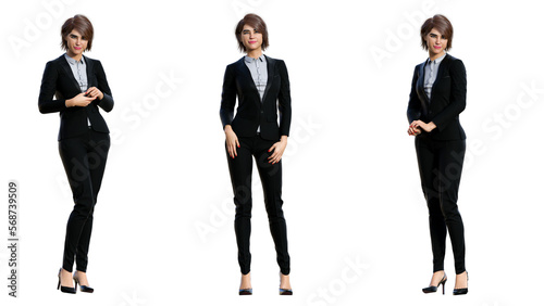Beautiful business woman standing in different poses wearing office formal outfit with clipping path. 3d illustration.