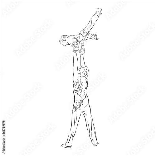 Acrobatic, balance, performance, cooperation concept. Hand drawn acrobats on scene . Isolated vector illustration , acrobatics, sketch illustration