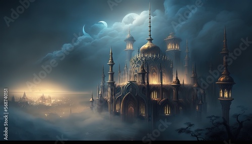 mystery enchanted palace among cloud, idea for fantasy journey theme background wallpaper, Generative Ai