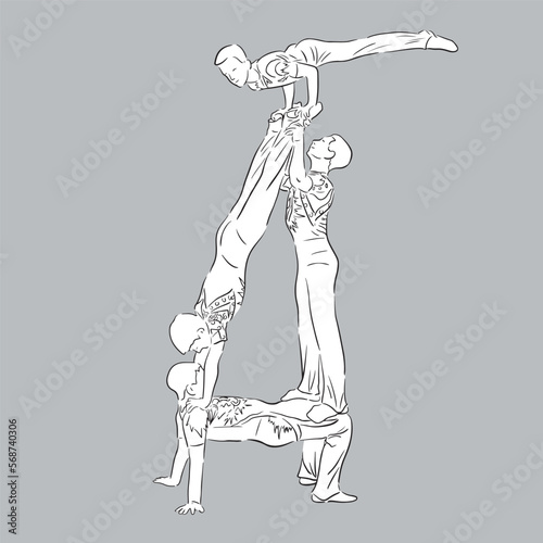 Acrobatic, balance, performance, cooperation concept. Hand drawn acrobats on scene . Isolated vector illustration , acrobatics, sketch illustration