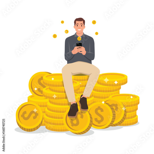 Young success man sitting on pile of dollar coins. Big money and coins. Finance success, money wealth. Flat vector illustration isolated on white background
