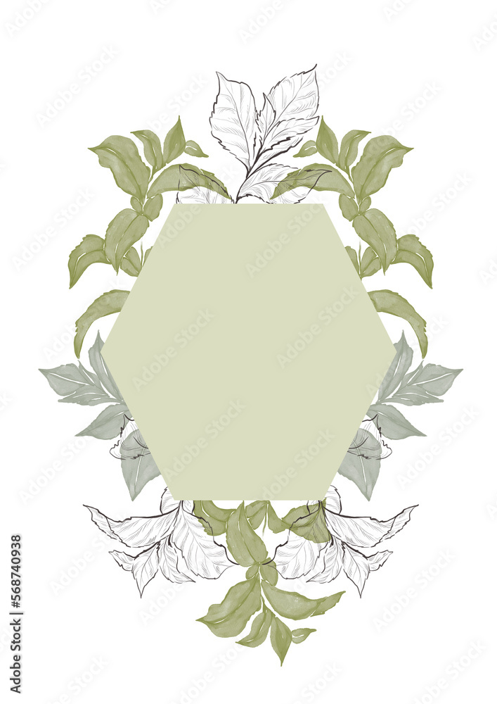 Fototapeta premium Floral frame with watercolor and line art plants and herbs. Pepper mint branches frame