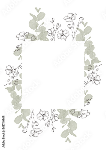 Wallpaper Mural Floral frame with watercolor and line art plants and herbs.  Flax plant flowers and eucalyptus branches frame Torontodigital.ca