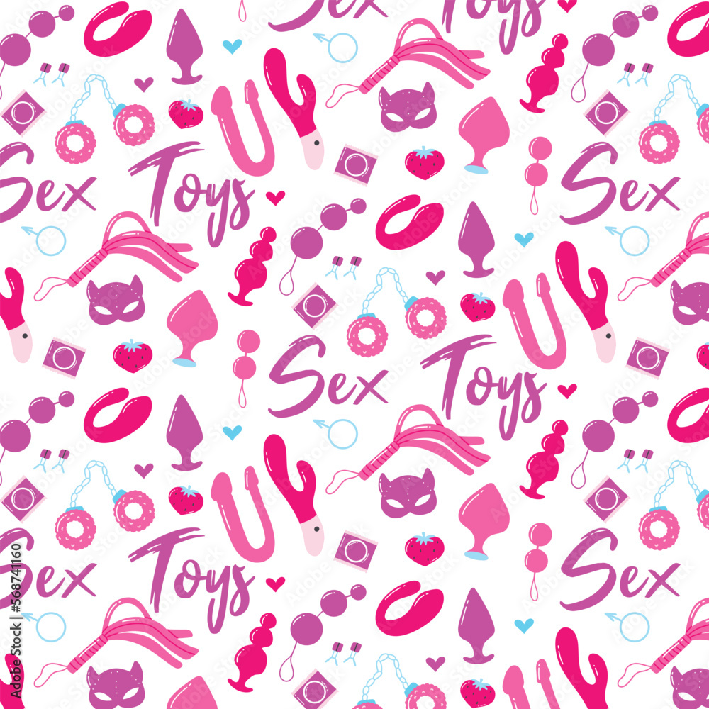 Seamless pattern with sex toys. Print for sex shop. Pattern with sex toys. Vector illustration. Flat style. Seamless pattern with sex toys. Print for sex shop. Pattern with sex toys. Vector illustration. Flat style.