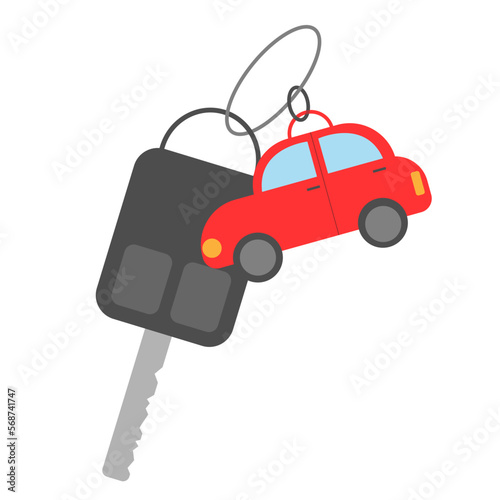 Car keys with a key fob in the form of a red car on a white background. clip art