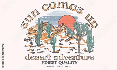Sun comes up. Arizona colorful print design for t shirt. Desert vibes artwork design for sticker, poster, background, fashion and others. Joshua tree vector design.