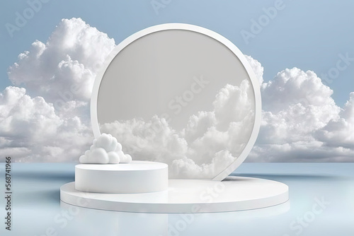 Product display podium decorated with realistic cloud on pastel background. Generative AI