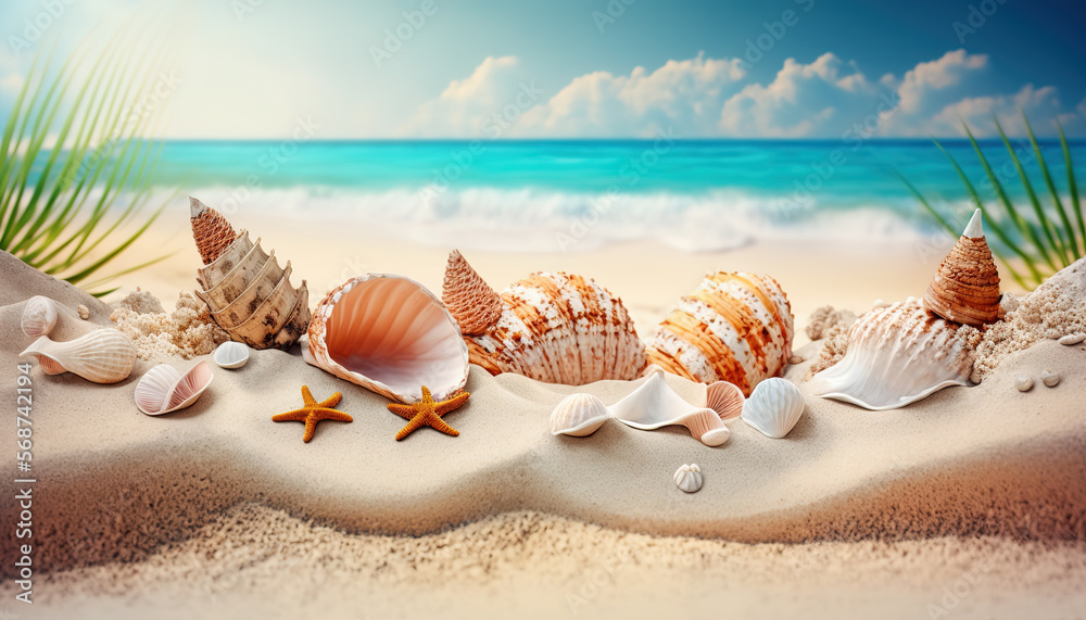 Shells on sandy beach. Tropical beach with sea shells on sand. Summer holiday concept. Post-processed generative AI - obrazy, fototapety, plakaty 