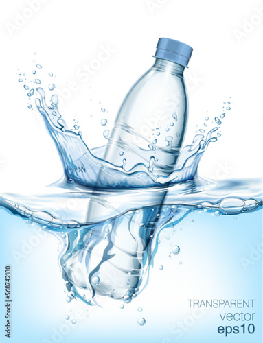 Transparent realistic vector mineral water plastic bottle in water with water splash and drops on blue background 