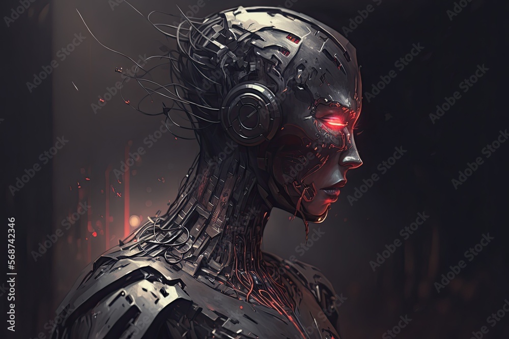 Sideview of a female cyborg with red eyes, digital painting, ai art, illustration