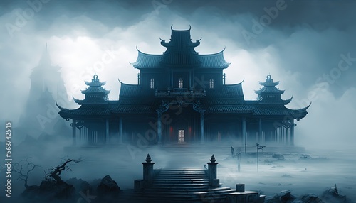 mystery enchanted palace among cloud, idea for fantasy journey theme background wallpaper, Generative Ai