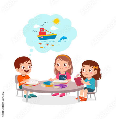 little kid read story book and friend listening