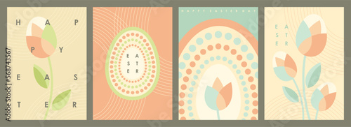 Easter set of holiday greeting cards covers, posters, flyers and brochure designs. Modern vector minimal design for social media, sale, advertisement, web and decorative papers and elements with Easte