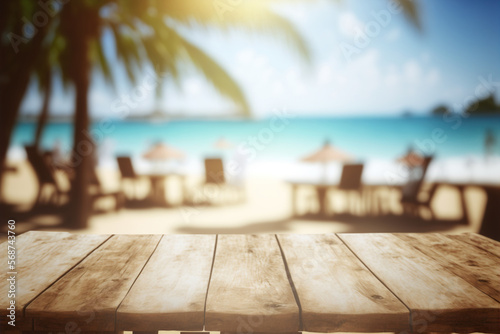 Tropical beach bar blurred  wooden table. Ocean view. Generative AI