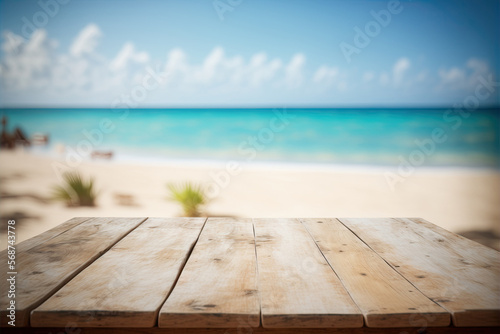 Tropical beach bar blurred, wooden table. Ocean view. Generative AI