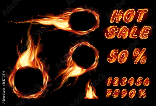 Collection of transparent realistic round  fire flame frames with burning text. Hot sale and perсent and digit for your business banners