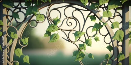 Green wines climbing up a beautiful fence with round shapes, generative ai
