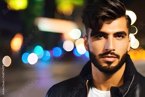 Portrait of sexy bearded model man in black leather jacket in night city. Bokeh background.. Generative ai.