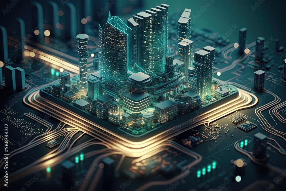 Smart city on circuit board background. Futuristic cyberspace concept 1. Generative AI.